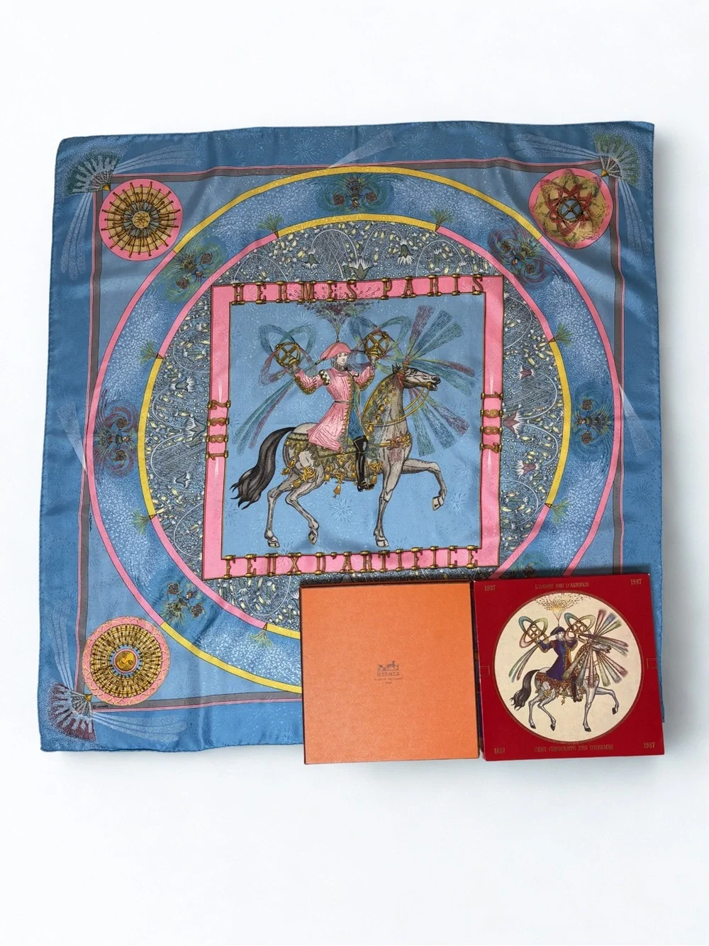 Hermes Blue and Pink Equestrian Silk Scarf